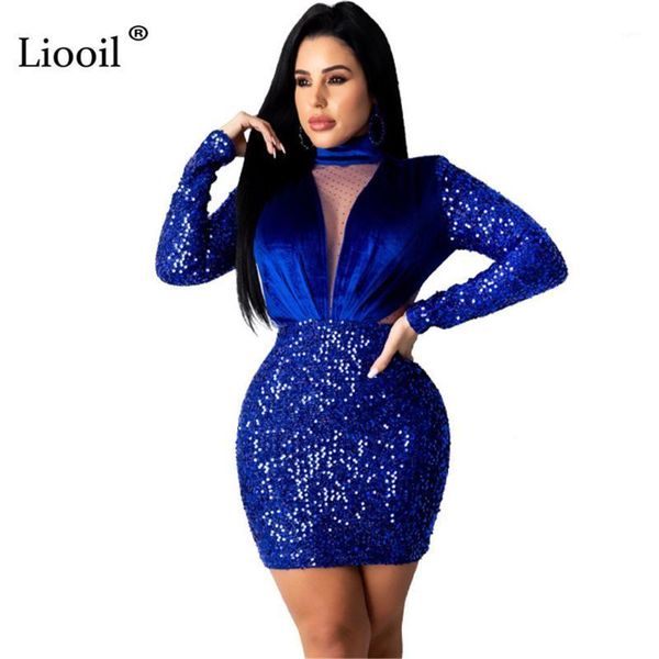 

liooil black blue velvet sequin mesh sheer mini dress women 2021 patchwork long sleeve see through night club party dresses1, Black;gray