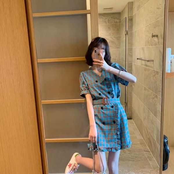 

online popular summer 2020 dress plaid super fairy french sweet v-neck waist slimming elegant women's clothing dress dress gmeaf, Black;gray