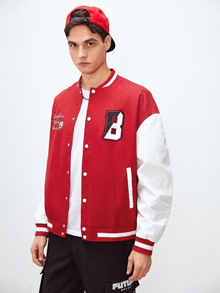 

men slogan and cartoon face print drop shoulder two tone bomber jacket 987i#, Black;brown