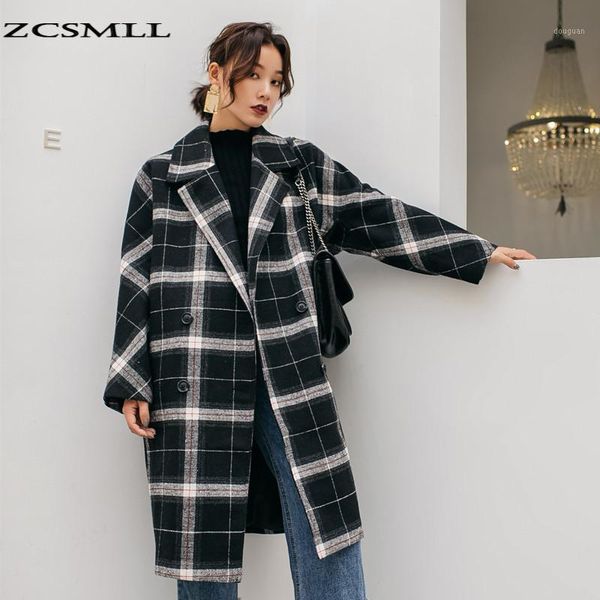 

zcsmll mid-length woolen coat women autumn/winter 2020 new style korean plaid knee-length large lapel coat1, Black