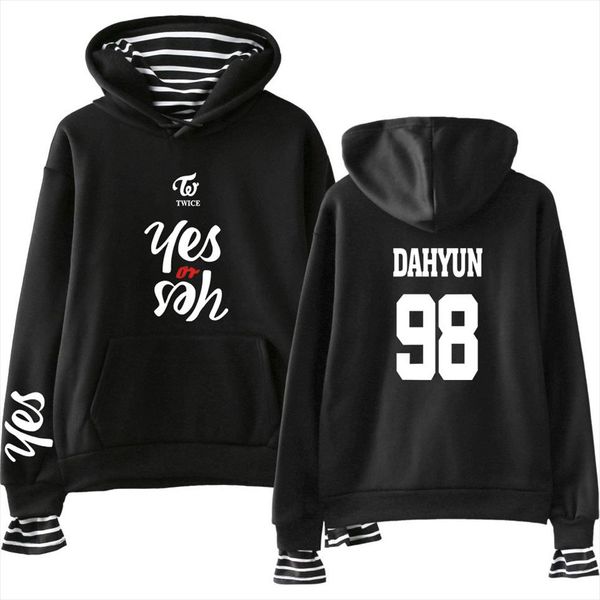 

fake two piece hoodie twice harajuku cap sweatshirt fashion hoodies women men autumn kpop fans clothes top, Black