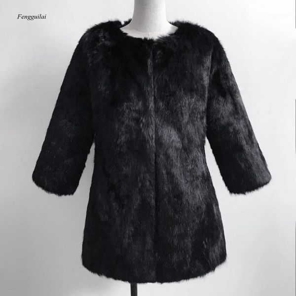 

autumn and winter whole skin imitation medium length women's fashion and warmth fur coat1, Black