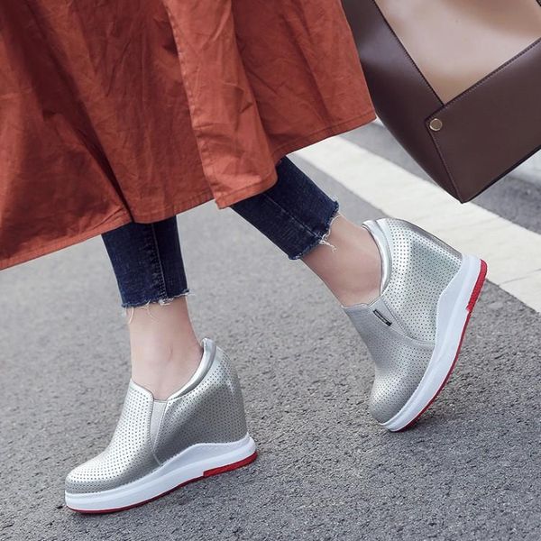 

summer women's shoes hollow out womens high heels breathable platform sneakers casual slip on wedges female footwear, Black