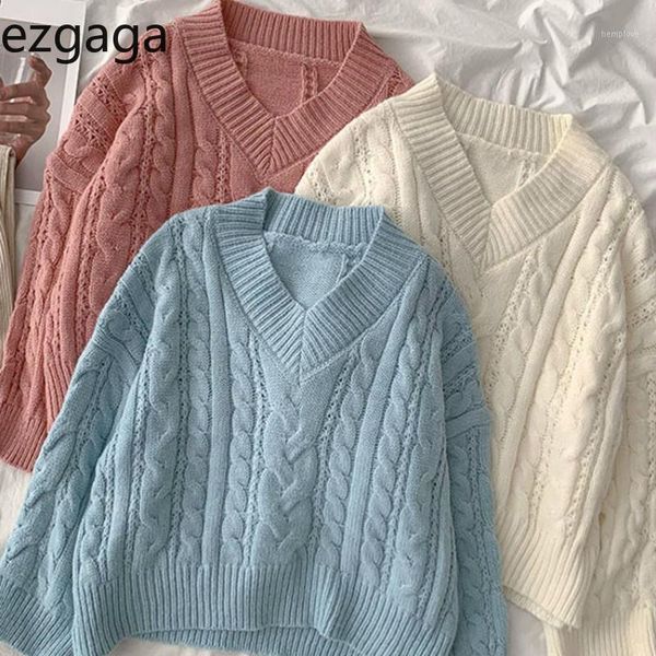 

ezgaga solid knitted sweater pullover women 2020 winter fashion v-neck loose korean warm outwear ladies all-match jumper1, White;black