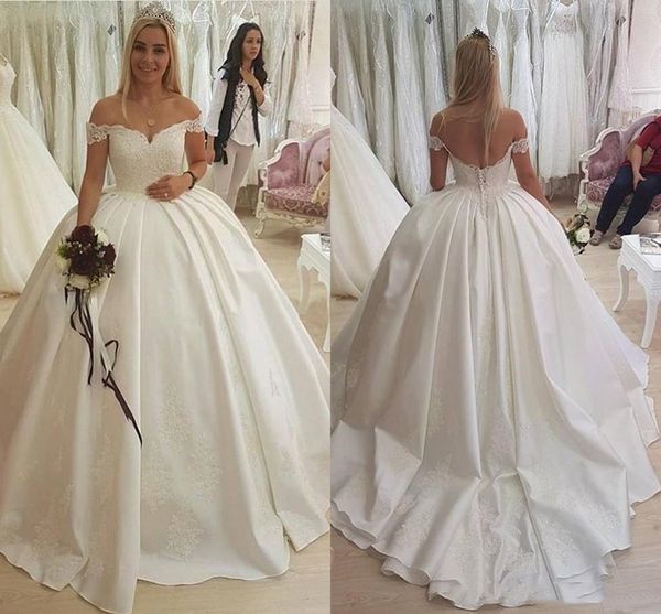 

gorgeous ivory ball gown wedding dresses appliques lace off shoulder princess bridal gowns plus size satin wedding dress court train 2021, White