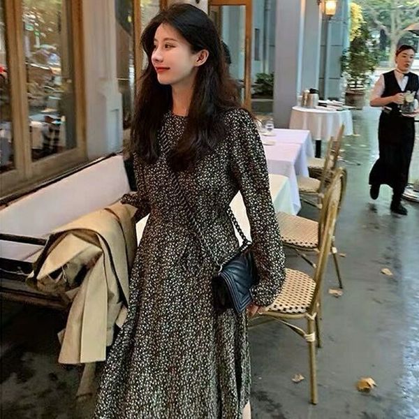 

2021 new black spring floral women long sleeve fairy new casual office one-piece dress lady chiffon party robe nohe, Black;gray