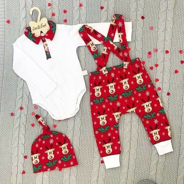 

3 pieces newborn clothes set 0-18 months baby boys outfit long sleeve romper bib strap pants hats baby girls christmas set y200803, White