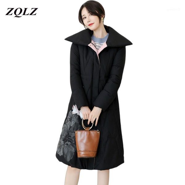 

women's trench coats zqlz winter long coat women 2021 fashion print floral middle age clothes plus size slim cotton padded jackets park, Tan;black