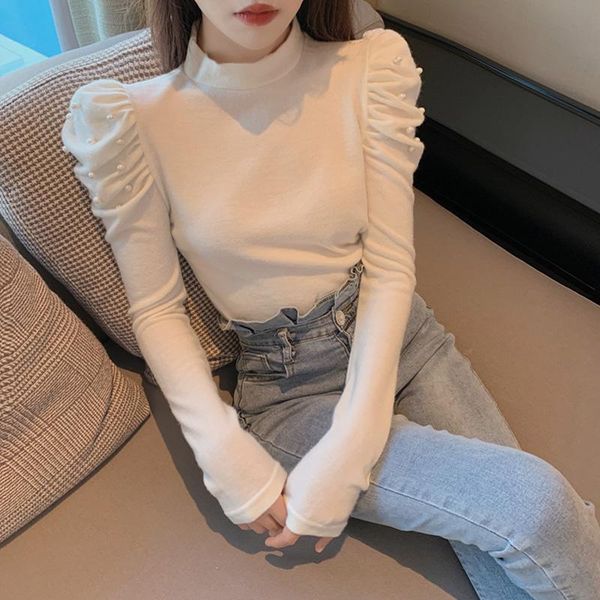 

pullover sweater women 2021 new spring autumn korean fashion all-match solid color long sleeve puff sleeve knitting shirt a302, White;black