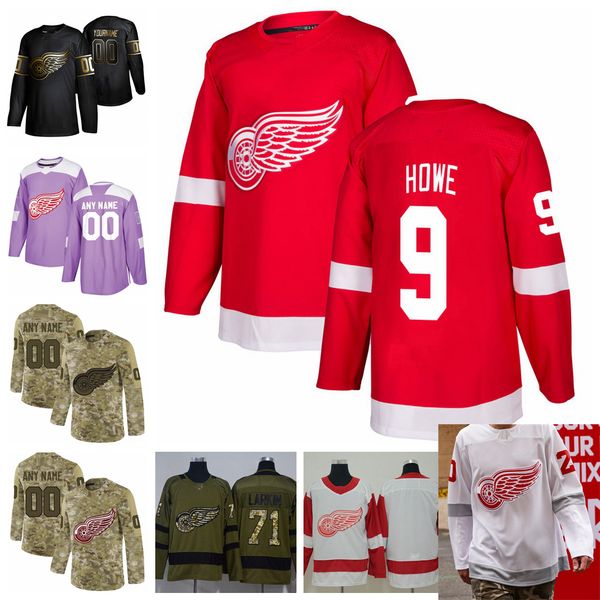 

2021 reverse retro customize #9 gordie howe detroit red wings jerseys golden edition camo veterans day fights cancer custom hockey jerseys, Black;red
