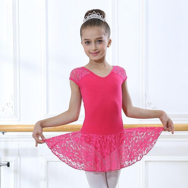 

children ballerina dress kids gymnastics leotard dance costumes short sleeves hollow lace ballet dress girls bodysuit clothes1, Black;red