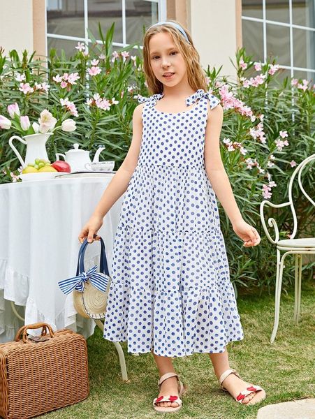 

girls polka dot tie shoulder ruffle hem dress she, Red;yellow