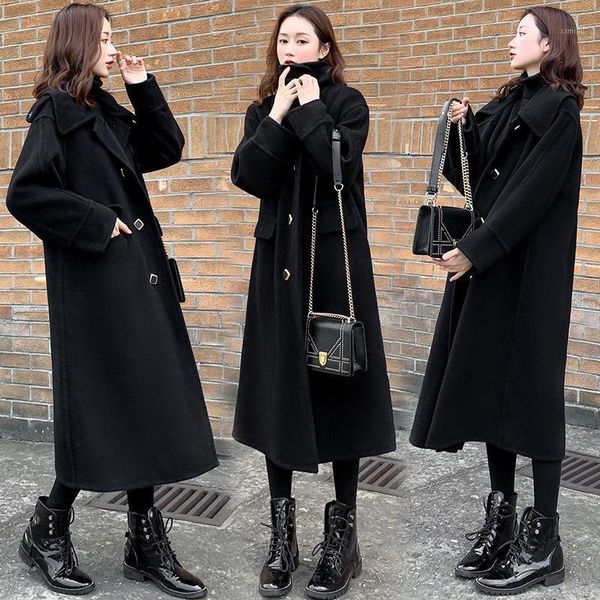

fashion loose solid women coats and jackets winter turn-down collar wool coat single breasted winter outfits for women1, Black
