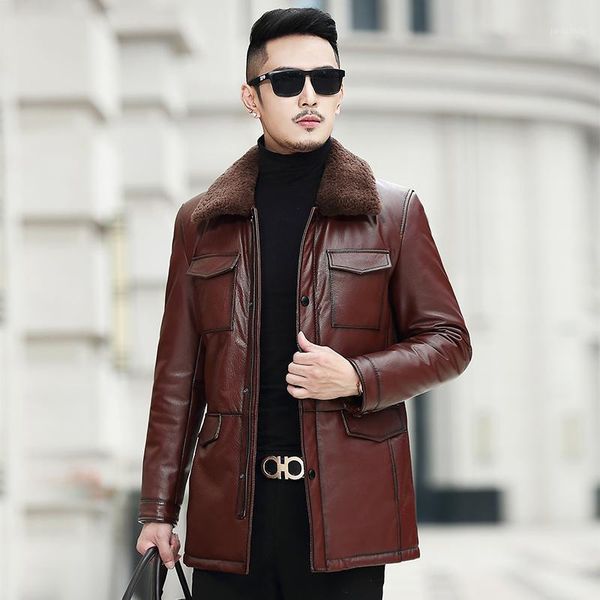 

genuine cow leather jacket winter jacket men lamb fur collar duck down men warm coat plus size veste cuir homme nr-901, Black