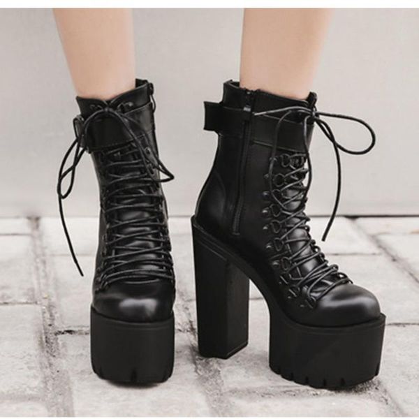 

classic high women boots super thick bottom lace up female waterproof platform belt buckle high heel short casual boots, Black