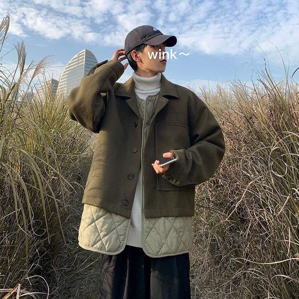 

winter thick woolen coat men's fashion retro casual fake two-piece woolen coat men wild loose oversize mens overcoat1, Black