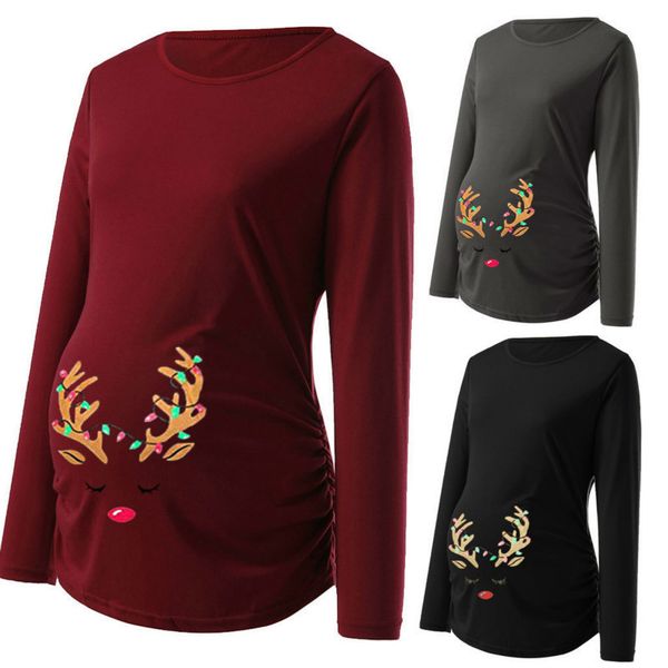 

winter maternity womens print christmas side ruched long sleeve santa moose t-shirt nursing breastfeeding pregnancy clothes lj201119, White