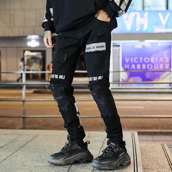 

2020 men knee eversion ripped big hole mens joggers pants patchwork half zipper hip hop casual pants streetwear men, Black