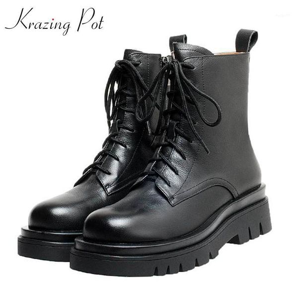 

krazing pot basic genuine leather med heel round toe lace up keep warm non-slip sole european design platform ankle boots l531, Black