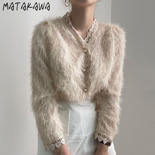 

matakawa lace stitching women blouse korea chic autumn gentle v-neck ladies shirt pearl button loose plush velvet blusas, White