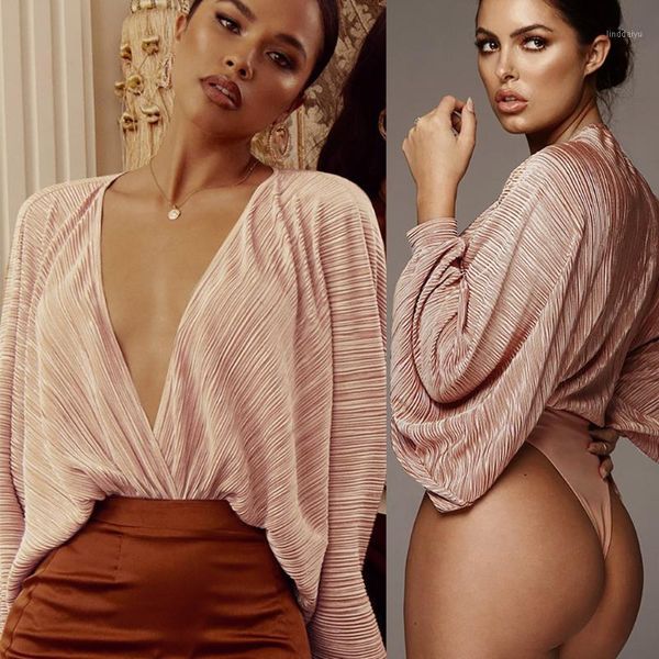 

women deep v neck loose bodysuit casual ladies low chest long sleeve jumpsuits female solid pleated fold fashion romper1, Black;white