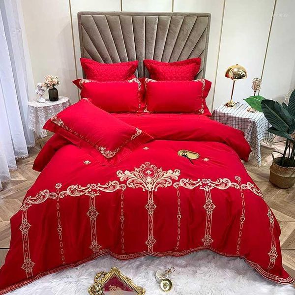 

bedding sets red blue gray european style gold embroidery 100s egyptian cotton duvet cover bed sheet linen pillowcases set1