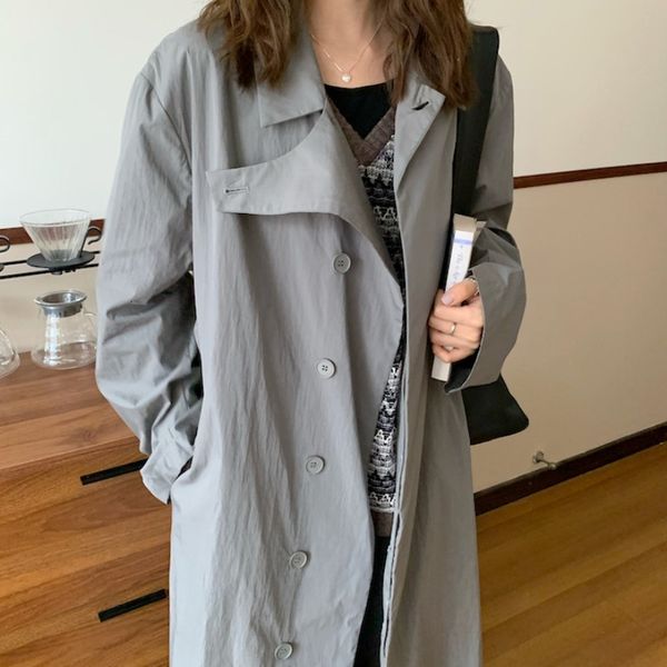 

2021 spring women's long trench coat chic double breasted thin windbreaker outerwear with belt, Tan;black