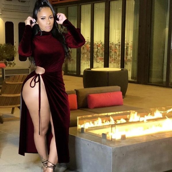 

winter velvet high slit dresses for women clubwear hollow out long sleeve party dress women turtleneck slim long midi dress, Black;gray