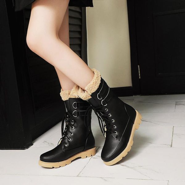 

boots ymechic 2021 fashion winter plush lace up low heel shoes female pink black cross tie gothic motorcycle combat womens snow