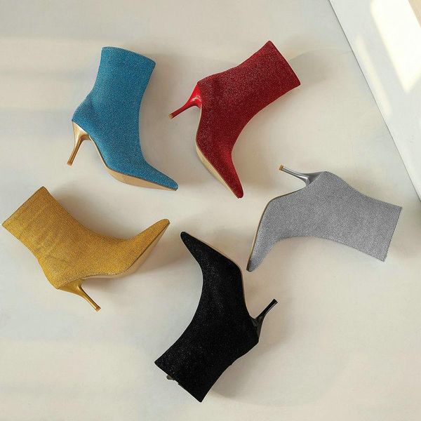 

boots autumn spring fashion pointed toe ankle women shoes stretch cloth socks heels zipper heel, Black