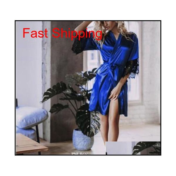 

2020 new lingerie transparan summer women's ladies bath robe kimono robe satin silk lace night wear jlliyp mxyard