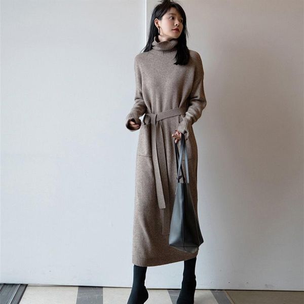 

new 2020 autumn winter casual women's turtleneck sweater dresses elegant sashes knitting loose straight long dress female, Black;gray