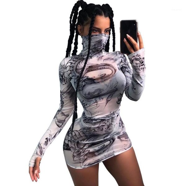 

padegao women high collar dress mesh printing long-sleeved slim tight dress autumn fashion women pdg3631, Black;gray