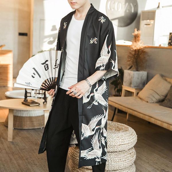 

new mens loose long harajuku trench jacket men chinese style long trench 2020 male summer fashion printed open stitch coat thin1, Tan;black