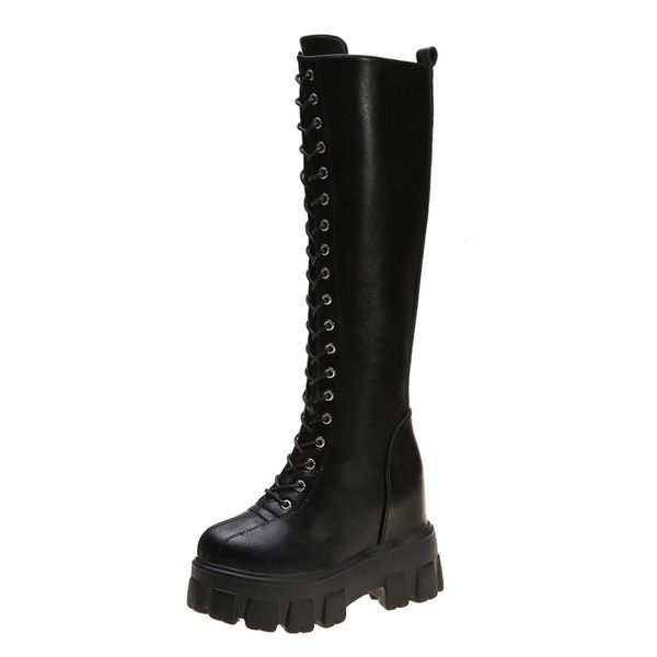 

lucyever fashion women cross strap pu leather boots autumn winter knee high boots ladies thick sole platform botas mujer c1011, Black;white