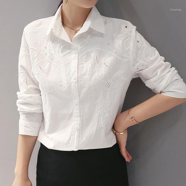 

plus size 3xl cotton shirt 2020 spring autumn hollow out flower embroidery long sleeve white shirt women 1