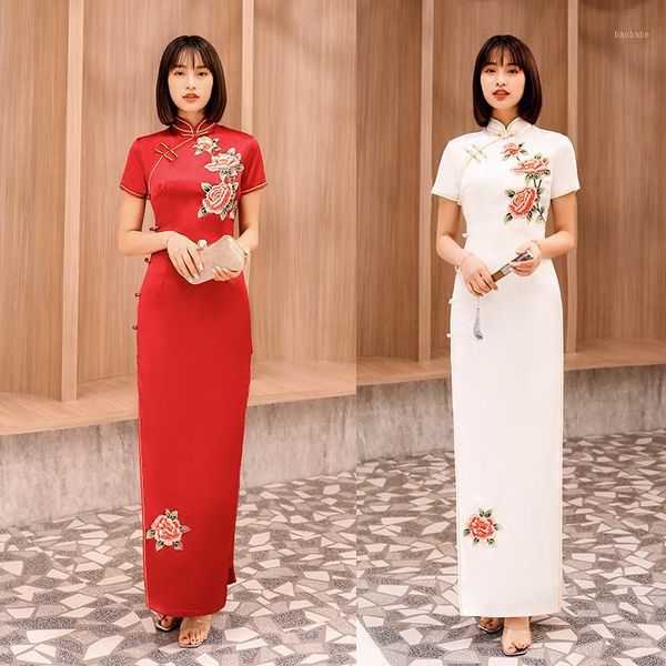 

embroidery applique silk evening dress chinese red long qipao female cheongsam dress china wedding dresses size -4xl1