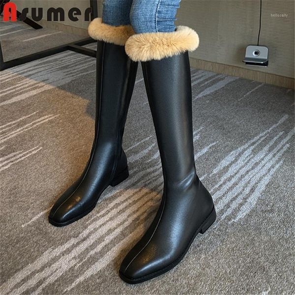 

asumer genuine leather shoes women winter boots thick fur warm comfortable square heel western boots women knee high1, Black
