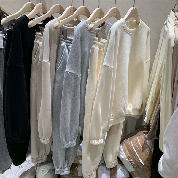 

new korean casual style pure color plush thickened sportswear pants two piece set in autumn and winter 2020, Gray