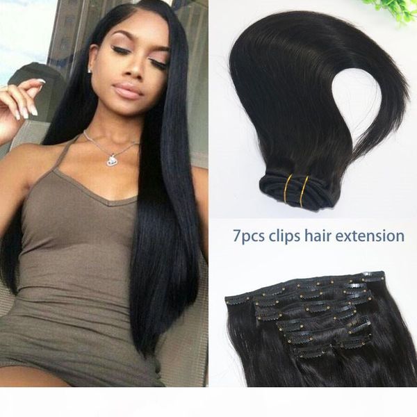 

straight brazilian human hair clip in hair extension 1b natural color human virgin hair african american 7pcs 120gram, Black