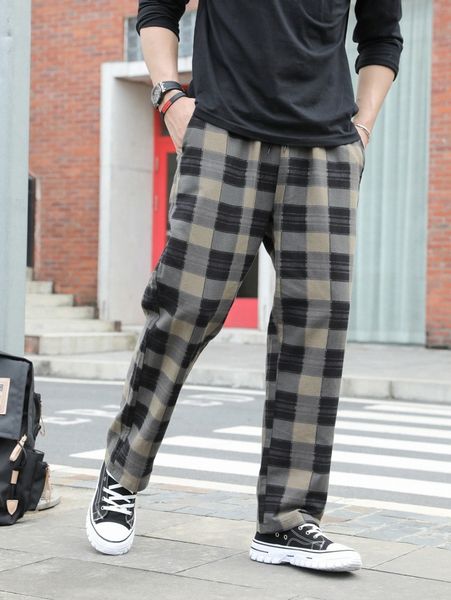 

men plaid print slant pocket pants n5o6#, Black