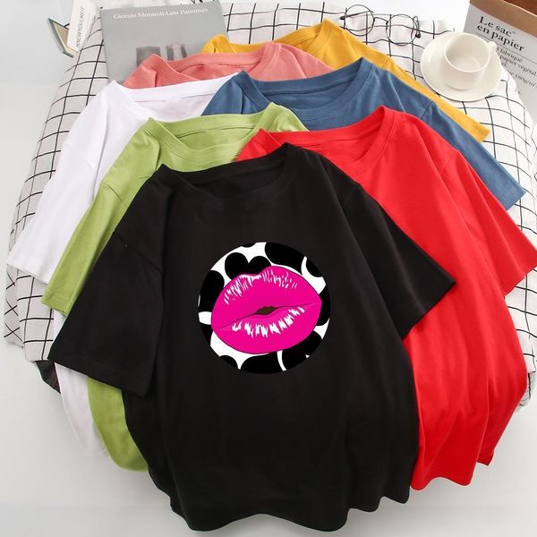 

minimalism fashion korean casual vogue t shirt pink lips graphic new women t-shirt nimation pop aesthetic t shirt, White