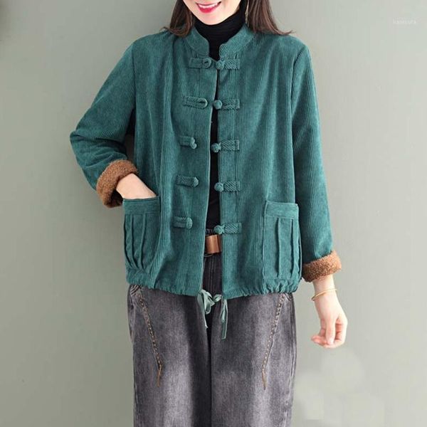 

2020 chinese style new women stand shirts button corduroy autumn blouses solid color drawstring women vintage jacket 117611, Red