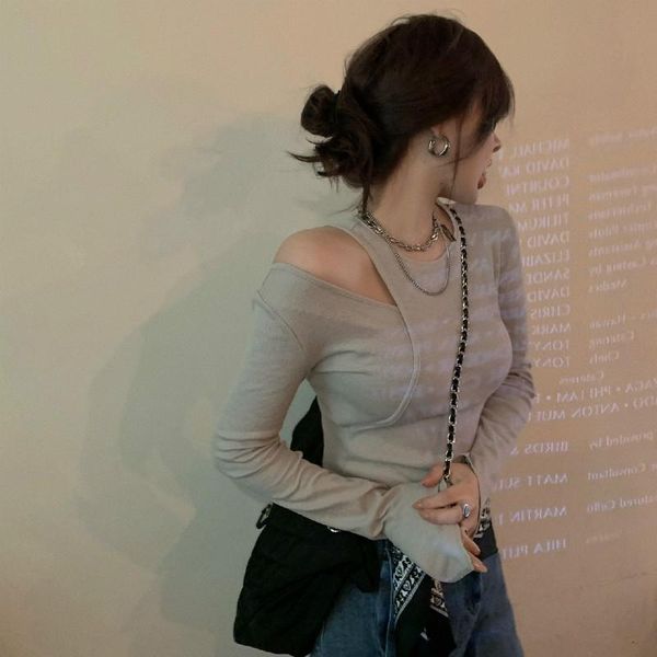 

fashion fake 2 pcs long sleeve t shirt women off shoulder long sleeve pullover tees autumn 2020 new bottom causal lady, White