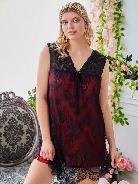 

plus tie front lace nightdress p70o#, Black;white