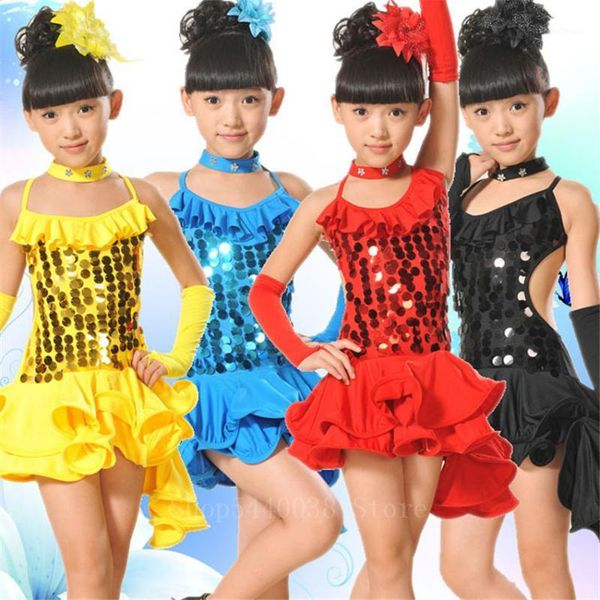 

stage wear girls latin dancing dress sequin performance cha rumba samba competition ballroom dance dresses1, Black;red