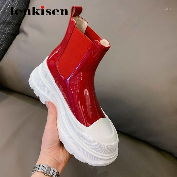 

lenkisen leisure cow patent leather stretch patchwork round toe thick high heel slip on pretty girls daily wear ankle boots l261, Black
