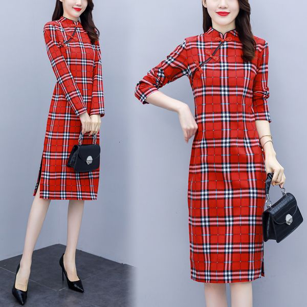 

red chess cheongsam dressed plus size fat woman wear long sleeve let loose 2021 spring party dress thin h4do, Black;gray