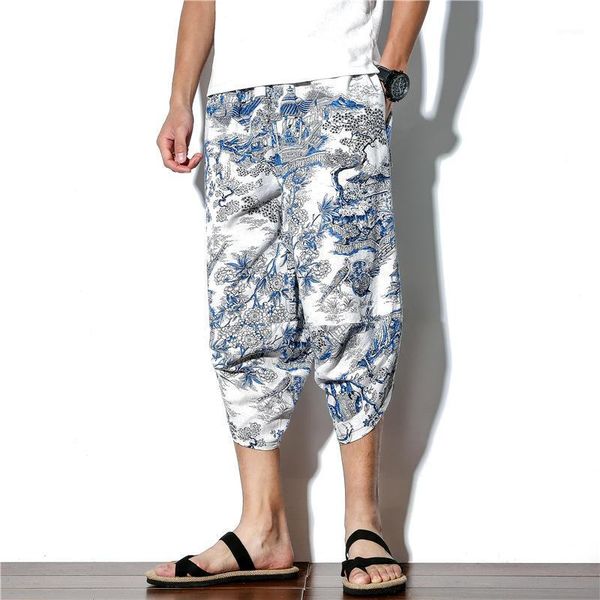 

wide leg pants men's large casual capris chinese style printed men's wear japanese harun loose lantern radish pants1, Black
