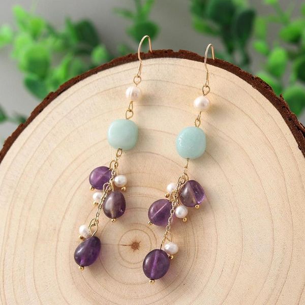 

natural amethyst/amazonite pearl earrings for women charm drop earrings 925 silver hook fashion jewelry